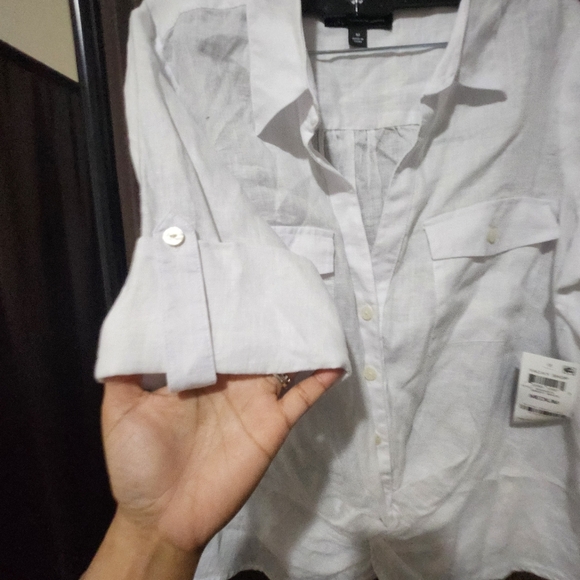 INC 100% linen white knotted button front top roll cuff sleeve  boho cot… - Picture 11 of 12